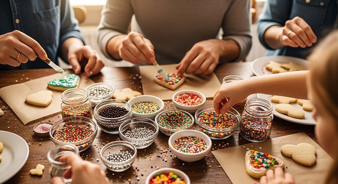 People decorating cookies at table with sprinkles and supplies