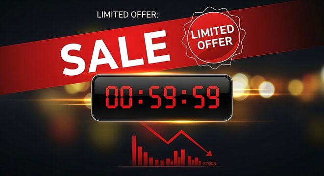Limited offer sale countdown timer displaying stock market trends with downward arrow graph