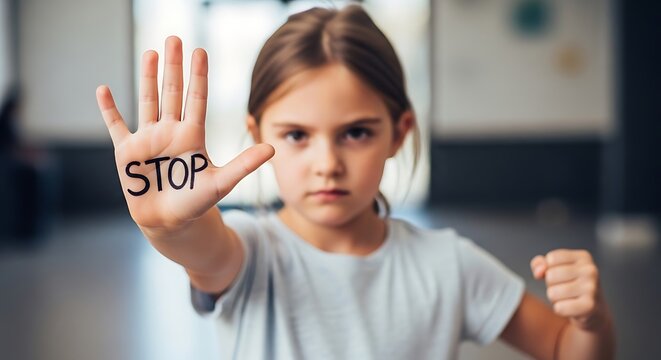Little girl showing palm with stop message for child protection