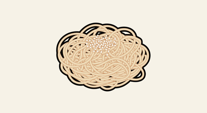 A mound of tangled spaghetti topped with white sesame seeds against a pale background