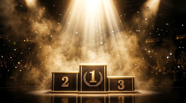 Gold podium with number one two and three on a dark background with bright glowing light rays and sparkles for a winning concept