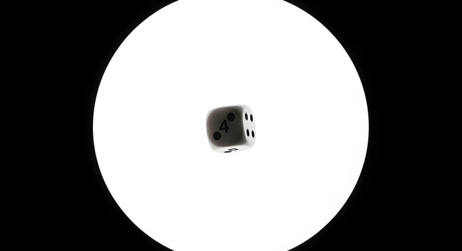 Single white game die floating in a luminous circular light on a black background for gambling or chance concepts