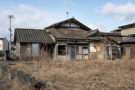 管理されていない老朽化した空き家と雑草が生い茂る日本の住宅