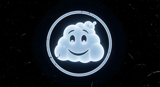 Glowing digital cloud icon with a cheerful face, radiating a futuristic neon-like aura against a dark background, symbolizing positive online interaction and user-friendly technology interfaces