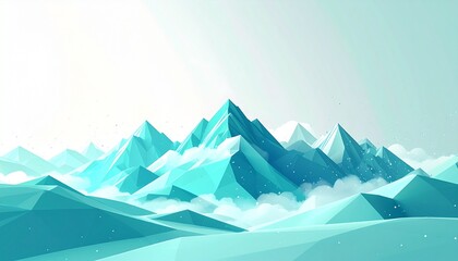 Fototapeta premium Geometric Minimalist Low Poly Mountain Landscape in Cyan and White.