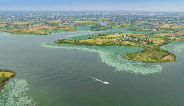 Aerial View of Jinjiahu Lake with Islands and Farmland