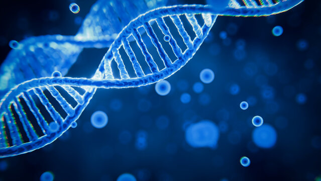 Sparkling Blue DNA Double Helix 3D Illustration on Dark Background for Science and Biotechnology Concepts
