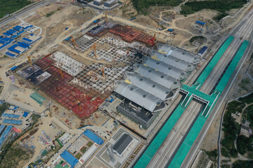 Fototapeta premium Suizhou South Railway Station Construction - Aerial High-Speed Rail Photo