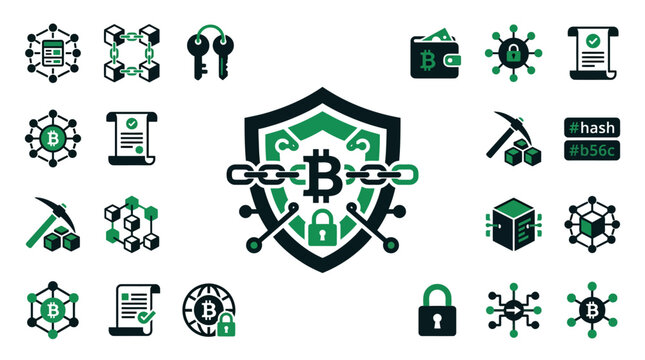 Bitcoin Cryptocurrency Security and Blockchain Technology Icons Set