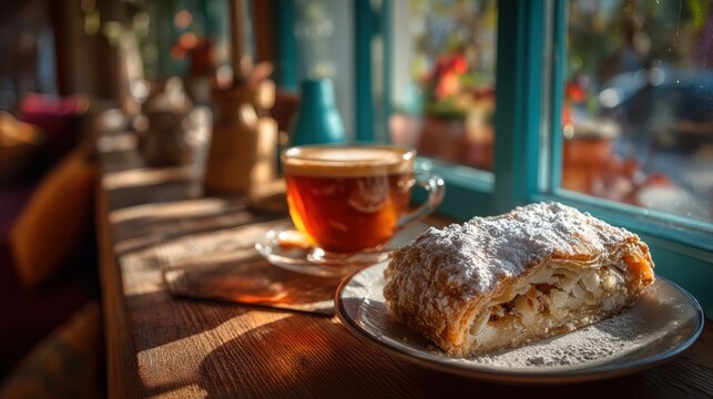 Slice of traditional apple strudel sprinkled with powdered sugar on a plate next to a cup of hot coffee, placed on a wooden table by a window with warm morning sunlight in a cozy cafe setup.
