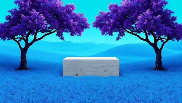 Empty rectangular podium stage between two purple trees with bright blue sky background