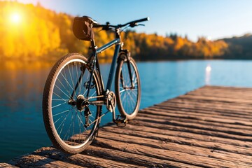 Fototapeta premium Bicycle parked on rustic pier at golden lake sunset with autumn bike