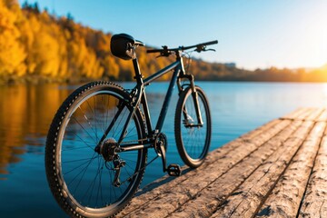 Fototapeta premium Bicycle mountain bike on wooden pier by autumn lake nature fall outdoor cycling