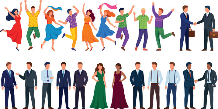 Large collection of diverse cartoon people character set including happy jumping dancing crowd and professional business partners shaking hands