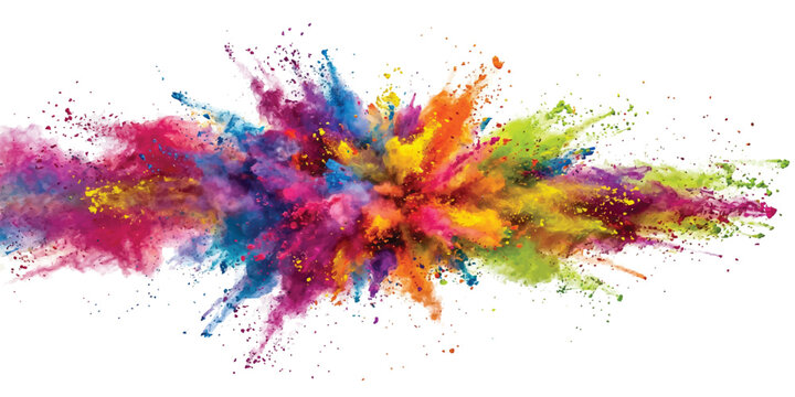Bright multi color powder explosion with vibrant paint particles flying in the air