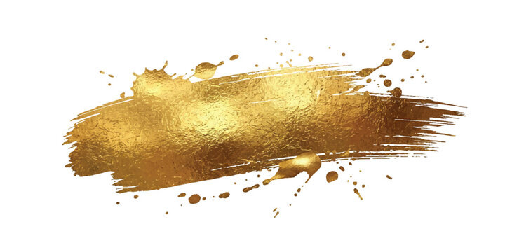 Shiny gold paint brush stroke with artistic ink splatters and texture