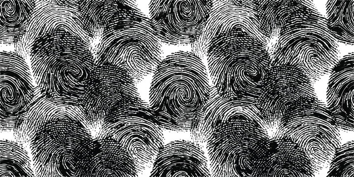 Abstract seamless pattern with black fingerprint texture on a simple geometric repeat design
