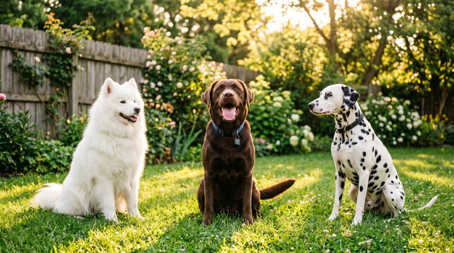 Three happy dogs sitting together in a lush green backyard garden during sunset