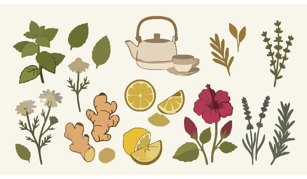 Botanical herbal tea vector set with peppermint lemon chamomile and hibiscus