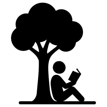 Minimalist vector graphic illustration of a person sitting peacefully under a tree while reading a book to represent education and quiet outdoor relaxation