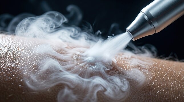 Dermatological cryotherapy treatment with liquid nitrogen freezing skin lesion close-up