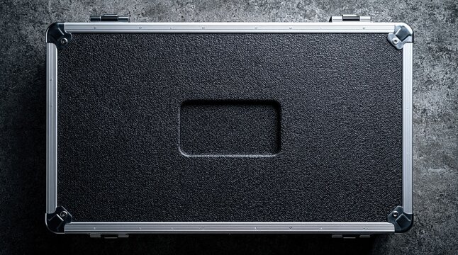 Closed metal flight case with black foam insert on concrete background