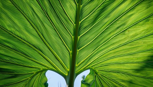 Close Up Of A Large Green Taro Leaf Fresh Tropical Elephant Ear Foliage Texture Detailed Botanical Background With Veins