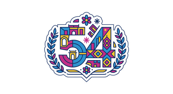 54th Anniversary Celebration Emblem - Colorful Geometric Design with Buildings and Laurel Wreath