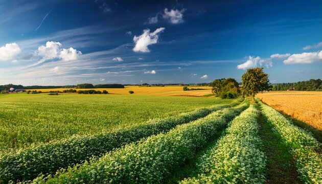 Countryside Meadow Covered With Alfalfa Perspective August Landscape Masuria Poland