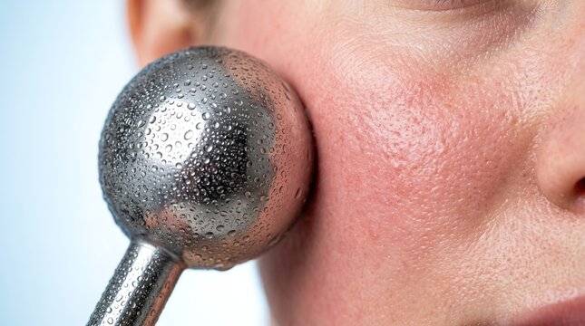 Close up of metal ice globe cooling roller massaging sensitive red flushing skin