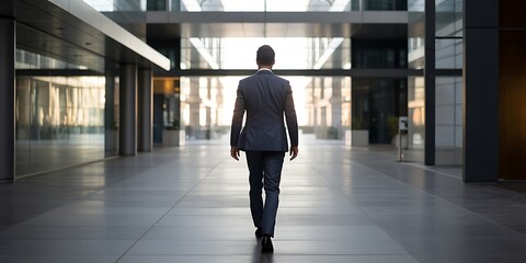 Obraz premium A man in a business suit walks through a modern office building corridor with glass walls