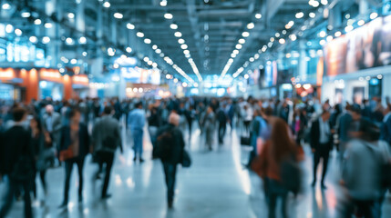Obraz premium A bustling crowd in a modern convention center with vibrant lights and diverse individuals exploring.