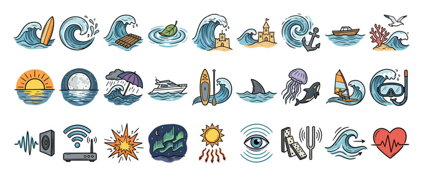 Set of water, ocean, and natural phenomenon icons along with technology and abstract symbols for various graphic design, web, and application purposes