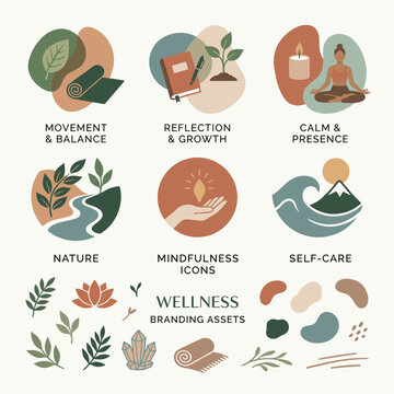 Illustrative collection of wellness symbols representing movement balance reflection growth calm presence nature mindfulness and self care with various simple graphic icons