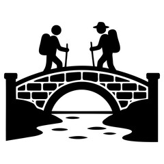 Fototapeta premium Minimalist vector graphic illustration of two adventurous hikers with backpacks crossing an old stone bridge during their long journey through the natural wilderness area