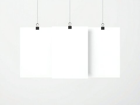 Three black binder clips hanging on a white string against a white background