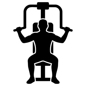 Minimalist black vector graphic illustration of an athletic person using a seated chest press machine to perform a focused workout in the gym