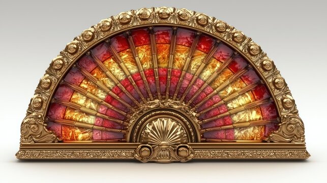 Elaborate golden half-circle decorative piece featuring stained-glass in red, yellow, and orange hues