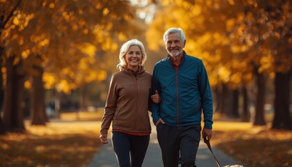 Obraz premium Happy senior couple walking together in autumn park with yellow trees together lifestyle outdoors relationship companion wellness retirement happiness affection partners recreation