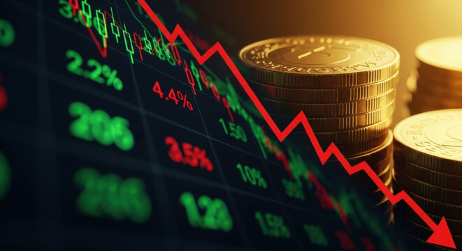 Stock market crash red downward arrow indicating financial crisis loss inflation recession danger business failure economic collapse concept.
