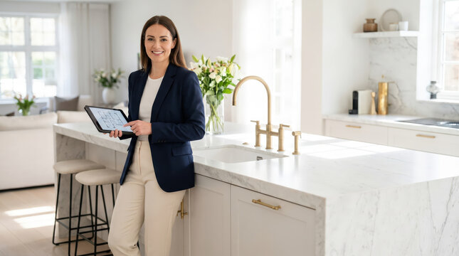 Confident real estate professional presents floor plan on tablet in luxury kitchen creating home renovation property design client consultation marketing concept for upscale residential sales