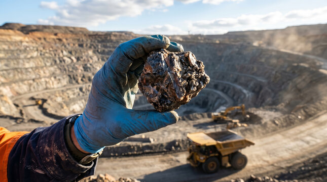 Geologist examines raw mineral specimen with rare earth elements in modern open-pit mine environment