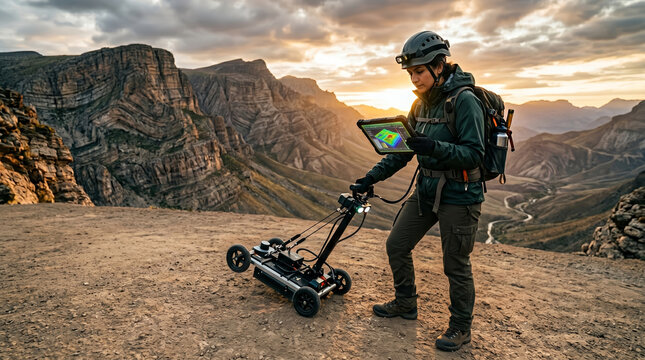 Geologist scanning rocky terrain for rare earth elements supply using advanced ground-penetrating radar technology