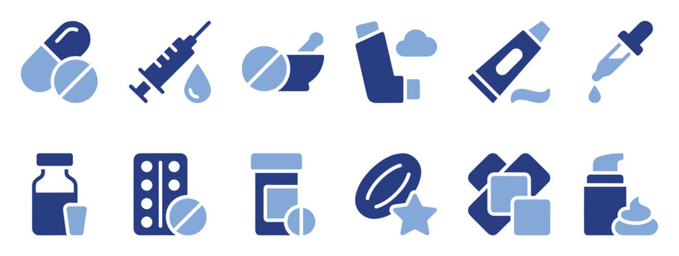 Set of pharmaceutical and medical icons representing various medications and treatments for healthcare and wellness applications