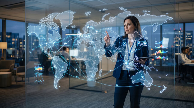 Logistics manager analyzing global supply chain of rare earth elements on smart glass urban office professional environment