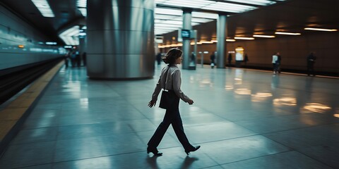 Obraz premium A woman in business attire walks through a modern subway station with sleek architecture and lighting