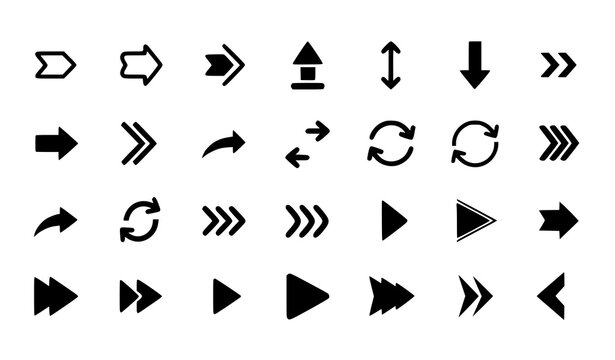 Black Arrow Icon Collection with Direction Navigation Pointer and Movement Symbols Vector Set