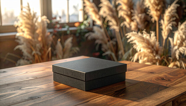 Blank black product box package on wooden table with pampas grass