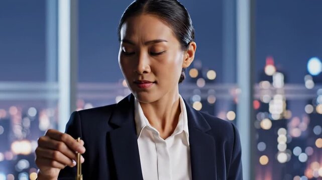 Women's equality portrait of East Asian legal advocate holding brass scales of justice in a night city office, modern fairness symbol with calm leadership, professional law and rights awareness