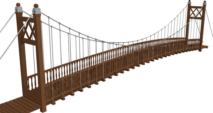 Realistic Wooden Suspension Bridge with Metal Cable Ropes and Railings 3D Style Architecture Structure Vector Illustration Design